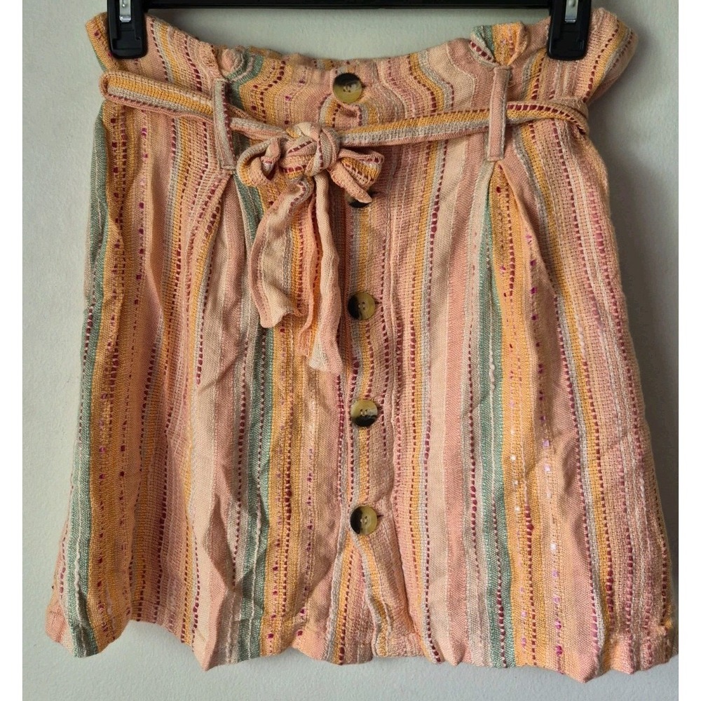 Altar'd State Women's Soft Peach Tie Paperbag Skirt Button Fly Striped Size S